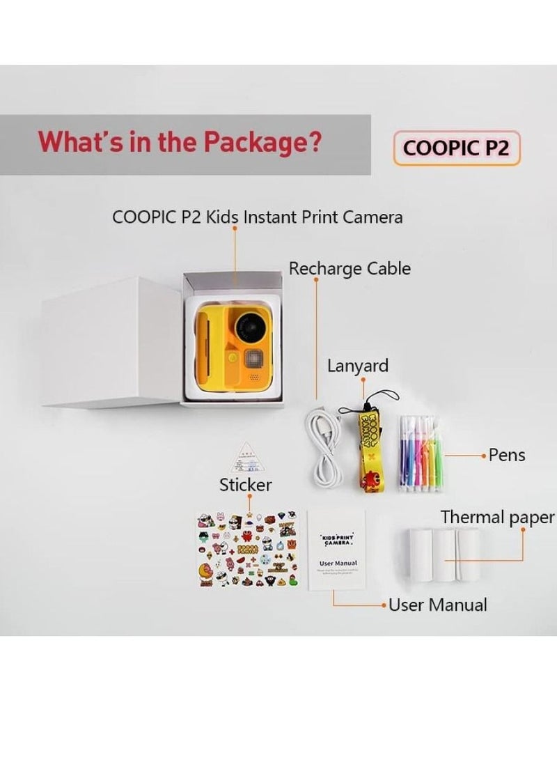 Kids Instant Print Photo Videos Digital Camera Yellow 1080P Full-HD with Color Pens Thermal Print Papers Stickers Lanyard and 32GB Micro SD Slot Not Included