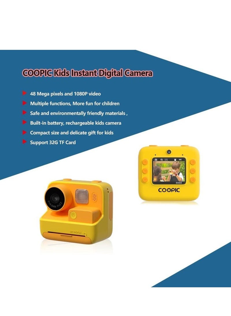 Kids Instant Print Photo Videos Digital Camera Yellow 1080P Full-HD with Color Pens Thermal Print Papers Stickers Lanyard and 32GB Micro SD Slot Not Included