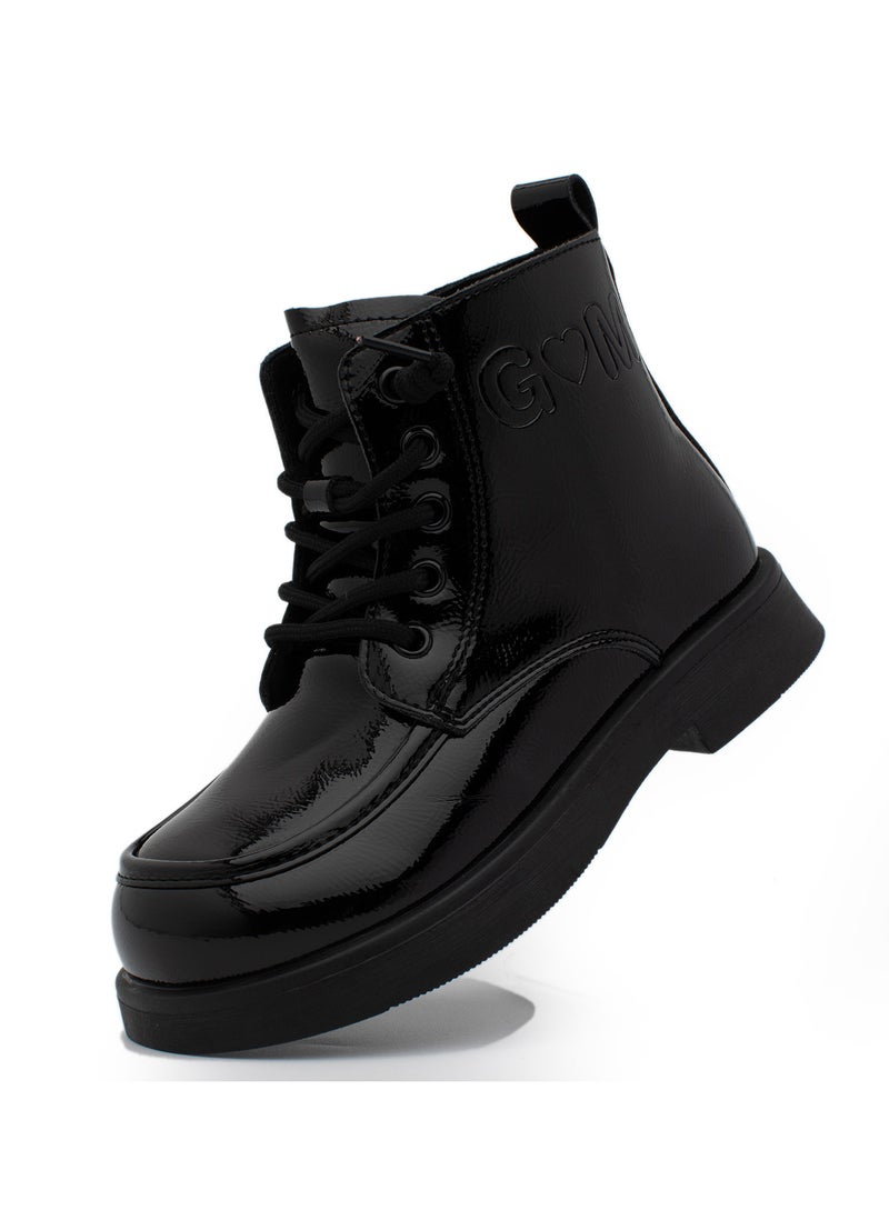 Lucky Kids Unisex Patent Leather Winter Ankle Boots With Classic Lace Up & Side Zipper For Kids/Adults