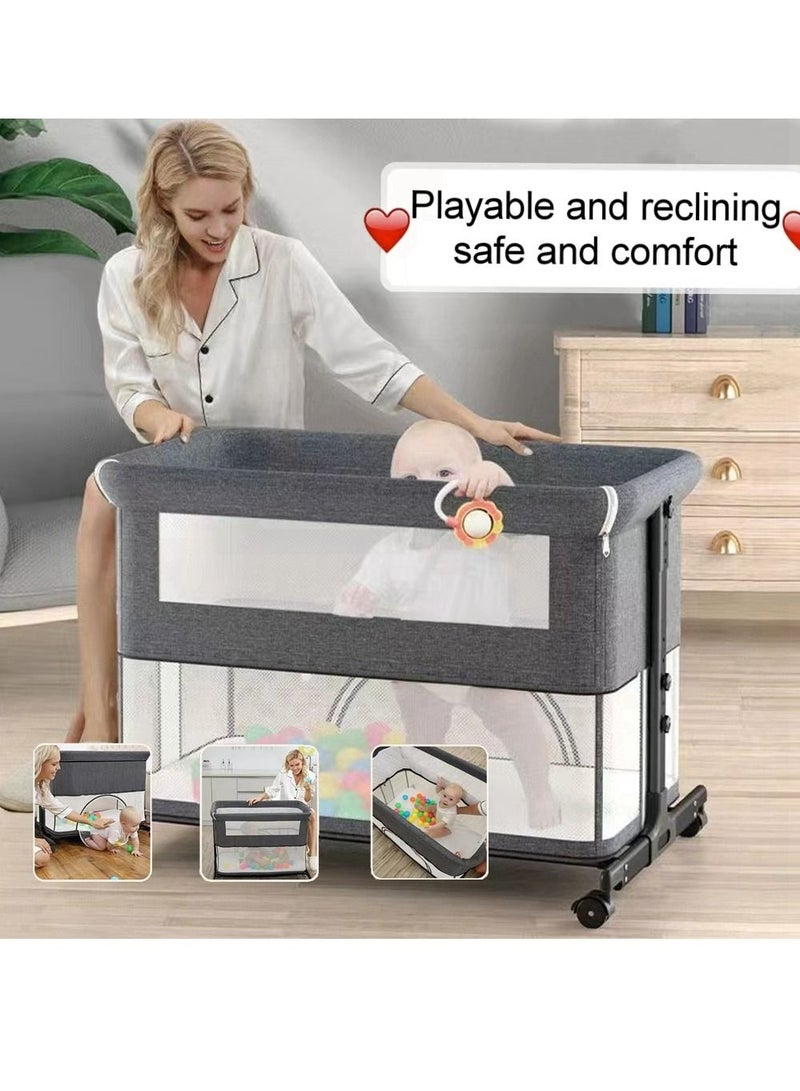 COOLBABY Crib Splice Bed, Baby Bassinet Bed With Large Storage Basket, Foldable Newborn Bedside Sleeper, Play Bed, Adjustable Height, Large Bed Can Be Spliced