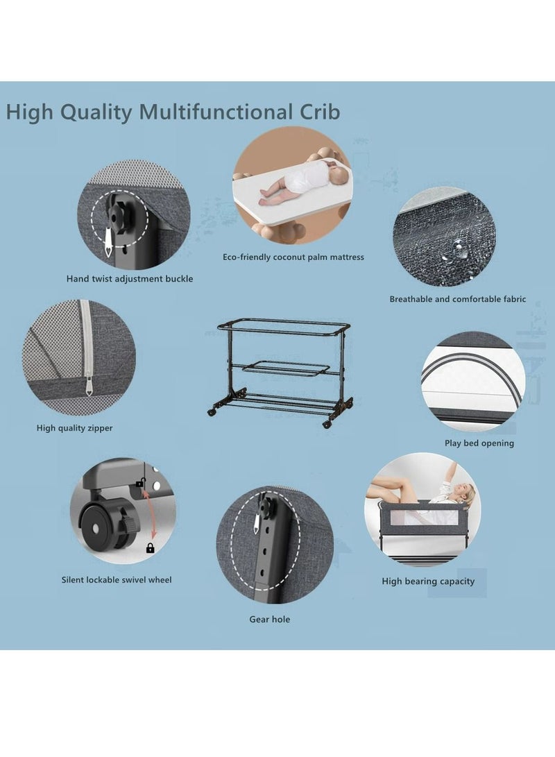 COOLBABY Crib Splice Bed, Baby Bassinet Bed With Large Storage Basket, Foldable Newborn Bedside Sleeper, Play Bed, Adjustable Height, Large Bed Can Be Spliced