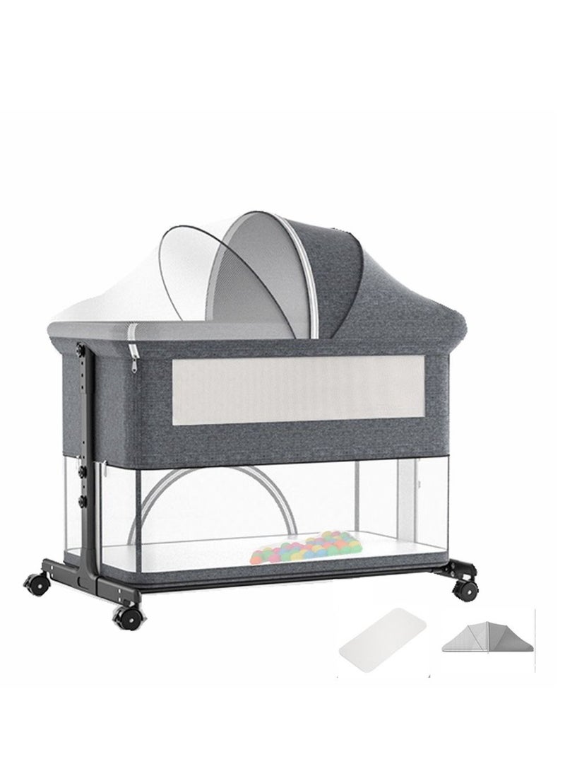 COOLBABY Crib Splice Bed, Baby Bassinet Bed With Large Storage Basket, Foldable Newborn Bedside Sleeper, Play Bed, Adjustable Height, Large Bed Can Be Spliced