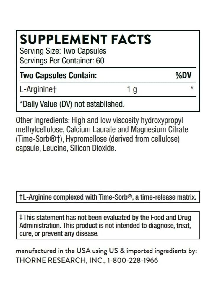 L-Arginine - Sustained-Release - 120 Capsules Dietary Supplement