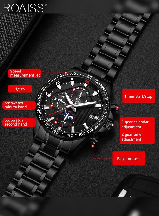 Men's Stainless Steel Strap Quartz Watch Round Dial with Date Display and Chronograph Bezel Waterproof Luminous Wristwatch as Gift for Men