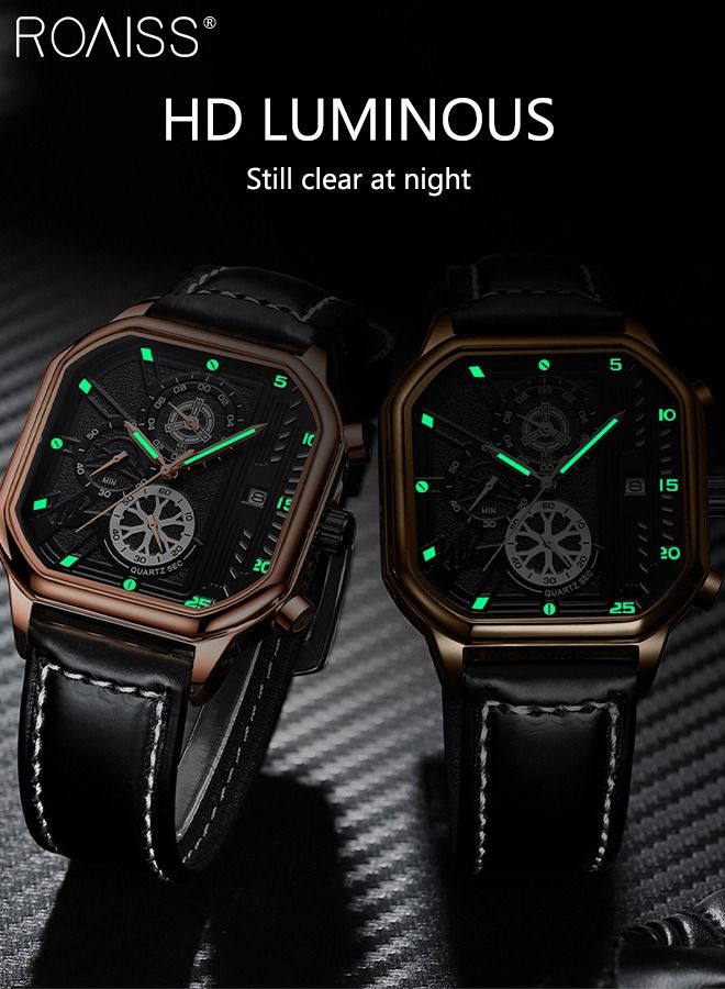 Men's Leather Strap Quartz Watch Square Dial Chronograph Waterproof Luminous Wristwatch as Gift for Men