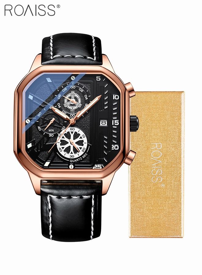 Men's Leather Strap Quartz Watch Square Dial Chronograph Waterproof Luminous Wristwatch as Gift for Men