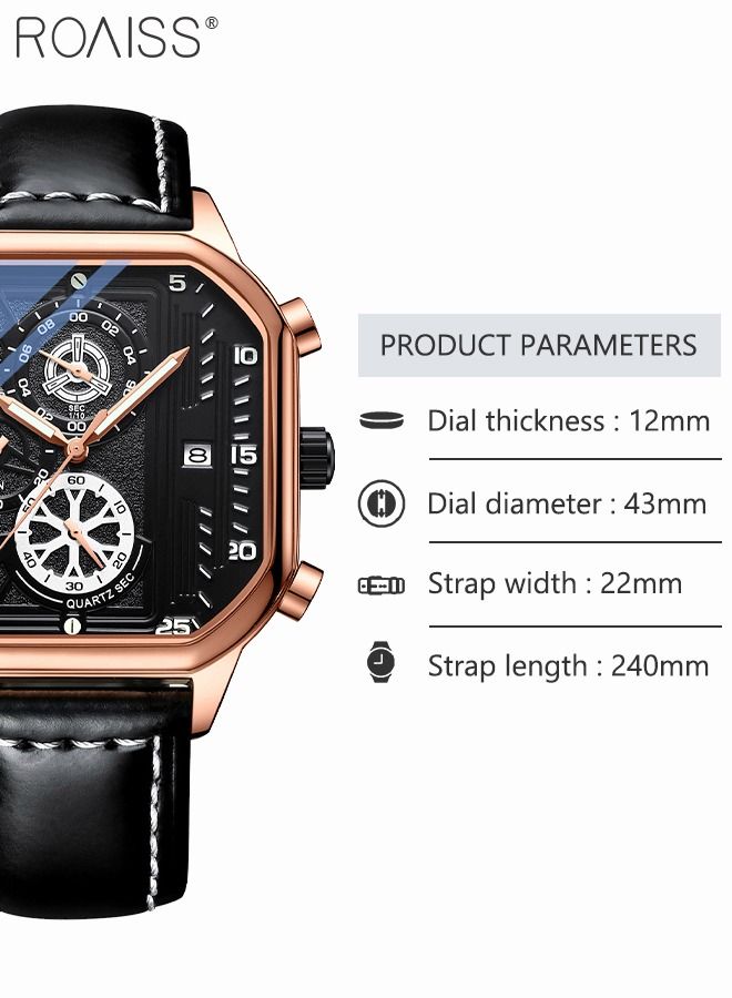 Men's Leather Strap Quartz Watch Square Dial Chronograph Waterproof Luminous Wristwatch as Gift for Men