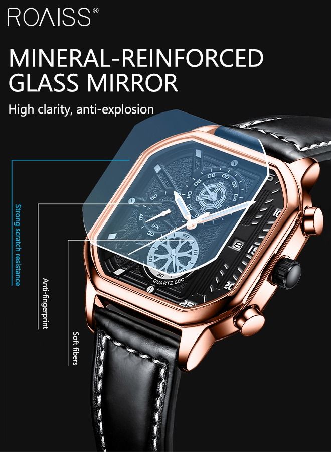 Men's Leather Strap Quartz Watch Square Dial Chronograph Waterproof Luminous Wristwatch as Gift for Men