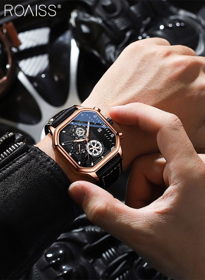 Men's Leather Strap Quartz Watch Square Dial Chronograph Waterproof Luminous Wristwatch as Gift for Men