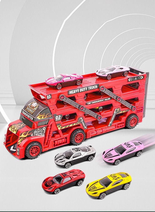 Vehicle Playset Hauler Carrier Truck with Track, Launcher, 6 Metal Die-Cast Vehicles, Construction and Race Cars Toys Launch and Haul Push Pull Around Gift for Boys Kids Eye-Hand Coordination-Red