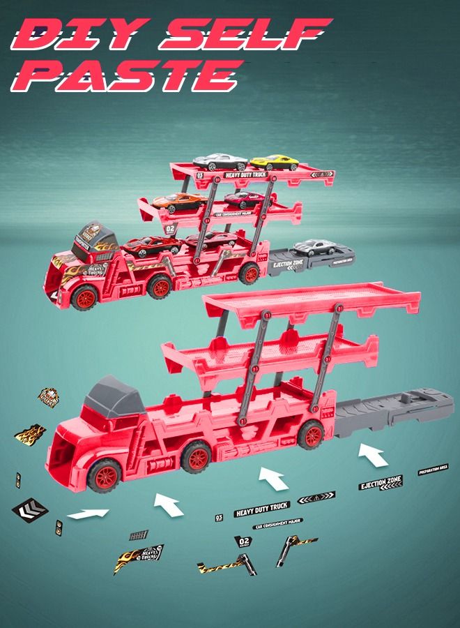 Vehicle Playset Hauler Carrier Truck with Track, Launcher, 6 Metal Die-Cast Vehicles, Construction and Race Cars Toys Launch and Haul Push Pull Around Gift for Boys Kids Eye-Hand Coordination-Red