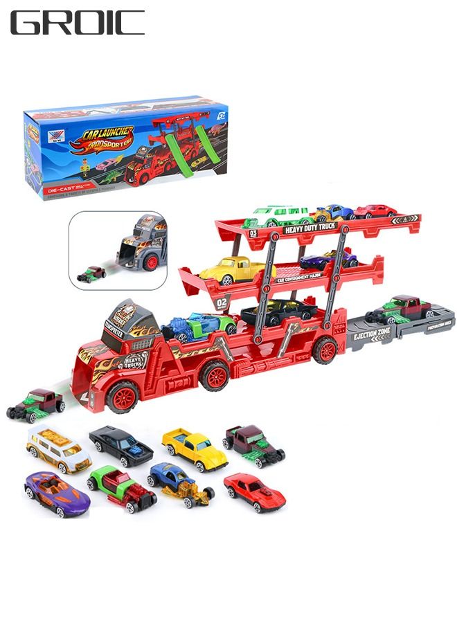 Vehicle Playset Hauler Carrier Truck with Track, Launcher, 6 Metal Die-Cast Vehicles, Construction and Race Cars Toys Launch and Haul Push Pull Around Gift for Boys Kids Eye-Hand Coordination-Red