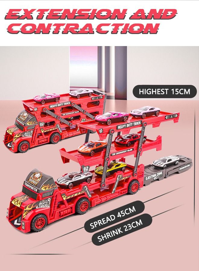 Vehicle Playset Hauler Carrier Truck with Track, Launcher, 6 Metal Die-Cast Vehicles, Construction and Race Cars Toys Launch and Haul Push Pull Around Gift for Boys Kids Eye-Hand Coordination-Red