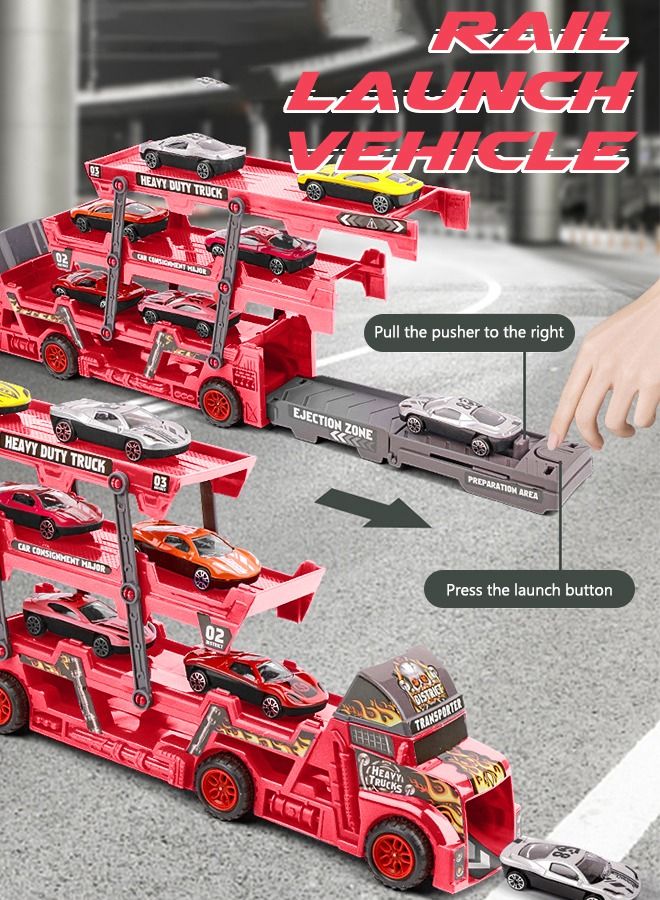 Vehicle Playset Hauler Carrier Truck with Track, Launcher, 6 Metal Die-Cast Vehicles, Construction and Race Cars Toys Launch and Haul Push Pull Around Gift for Boys Kids Eye-Hand Coordination-Red