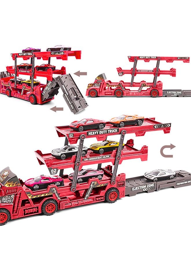 Vehicle Playset Hauler Carrier Truck with Track, Launcher, 6 Metal Die-Cast Vehicles, Construction and Race Cars Toys Launch and Haul Push Pull Around Gift for Boys Kids Eye-Hand Coordination-Red