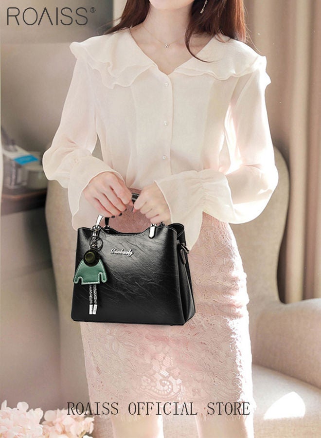 Retro Elegant Handbag Advanced Leather Unique Chic All-Match Large Capacity One Shoulder/Crossbody Messenger Bag for Women/Mother/Girl Friend Gift Waterproof Black