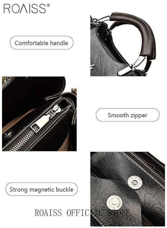 Retro Elegant Handbag Advanced Leather Unique Chic All-Match Large Capacity One Shoulder/Crossbody Messenger Bag for Women/Mother/Girl Friend Gift Waterproof Black