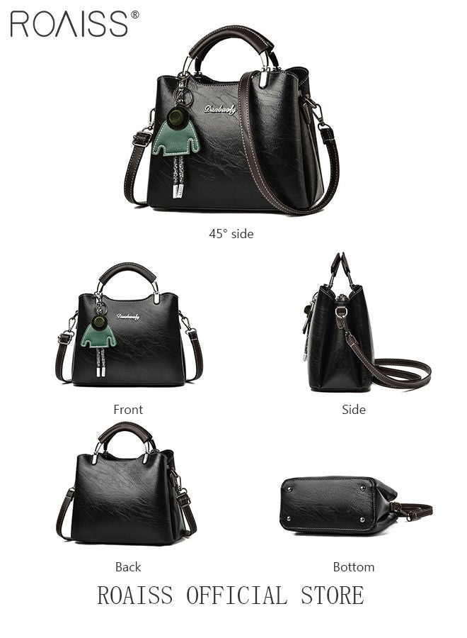 Retro Elegant Handbag Advanced Leather Unique Chic All-Match Large Capacity One Shoulder/Crossbody Messenger Bag for Women/Mother/Girl Friend Gift Waterproof Black