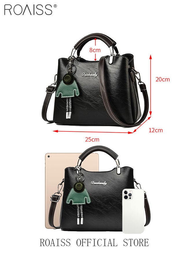 Retro Elegant Handbag Advanced Leather Unique Chic All-Match Large Capacity One Shoulder/Crossbody Messenger Bag for Women/Mother/Girl Friend Gift Waterproof Black