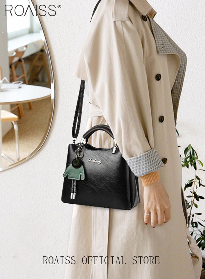 Retro Elegant Handbag Advanced Leather Unique Chic All-Match Large Capacity One Shoulder/Crossbody Messenger Bag for Women/Mother/Girl Friend Gift Waterproof Black