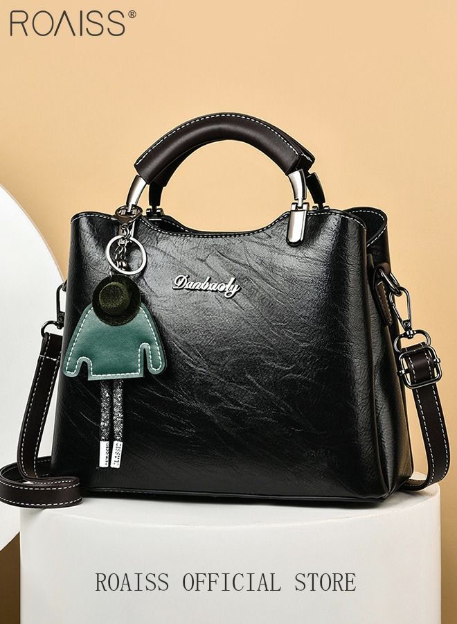 Retro Elegant Handbag Advanced Leather Unique Chic All-Match Large Capacity One Shoulder/Crossbody Messenger Bag for Women/Mother/Girl Friend Gift Waterproof Black