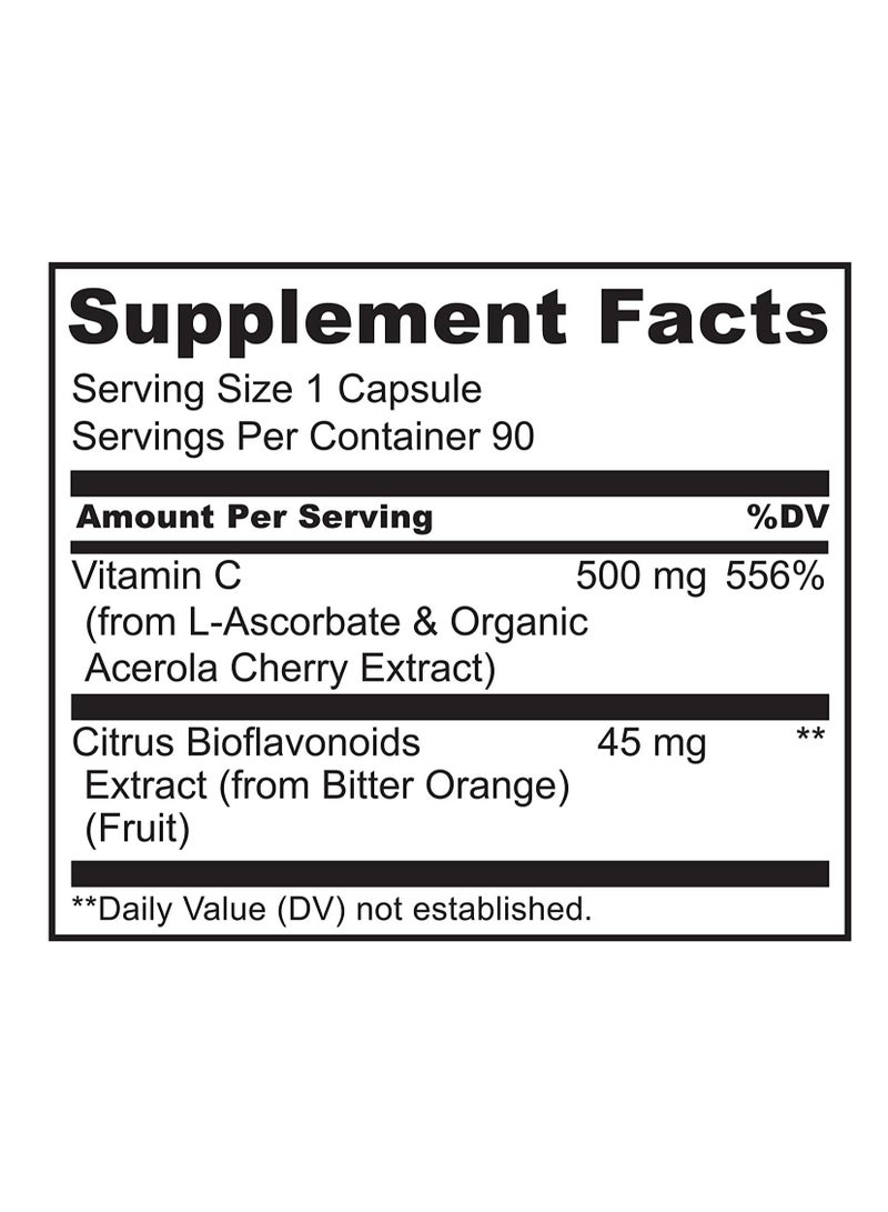 Vitamin C with Acerola Cherries Plus Citrus Bioflavonoids 90  Vegetarian Capsules Dietary Supplement Formulated To Support Immune Health & Antioxidant Defense