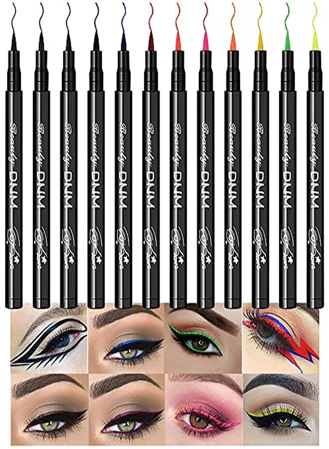 12Pcs Matte Waterproof Colored Rainbow Liquid Eyeliner Colorful Eyeliner Pen Set,Bright Pink Red Purple Blue Black Orange Liquid Color Eyeliner Pencil Set Waterproof Delineador De Ojos De Colores