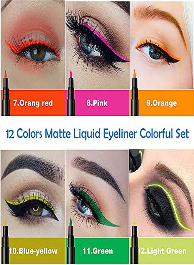 12Pcs Matte Waterproof Colored Rainbow Liquid Eyeliner Colorful Eyeliner Pen Set,Bright Pink Red Purple Blue Black Orange Liquid Color Eyeliner Pencil Set Waterproof Delineador De Ojos De Colores