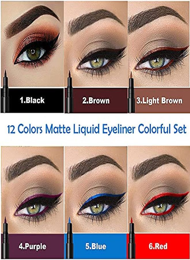 12Pcs Matte Waterproof Colored Rainbow Liquid Eyeliner Colorful Eyeliner Pen Set,Bright Pink Red Purple Blue Black Orange Liquid Color Eyeliner Pencil Set Waterproof Delineador De Ojos De Colores