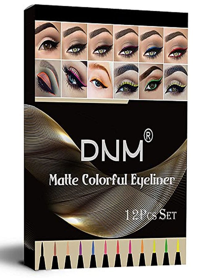 12Pcs Matte Waterproof Colored Rainbow Liquid Eyeliner Colorful Eyeliner Pen Set,Bright Pink Red Purple Blue Black Orange Liquid Color Eyeliner Pencil Set Waterproof Delineador De Ojos De Colores