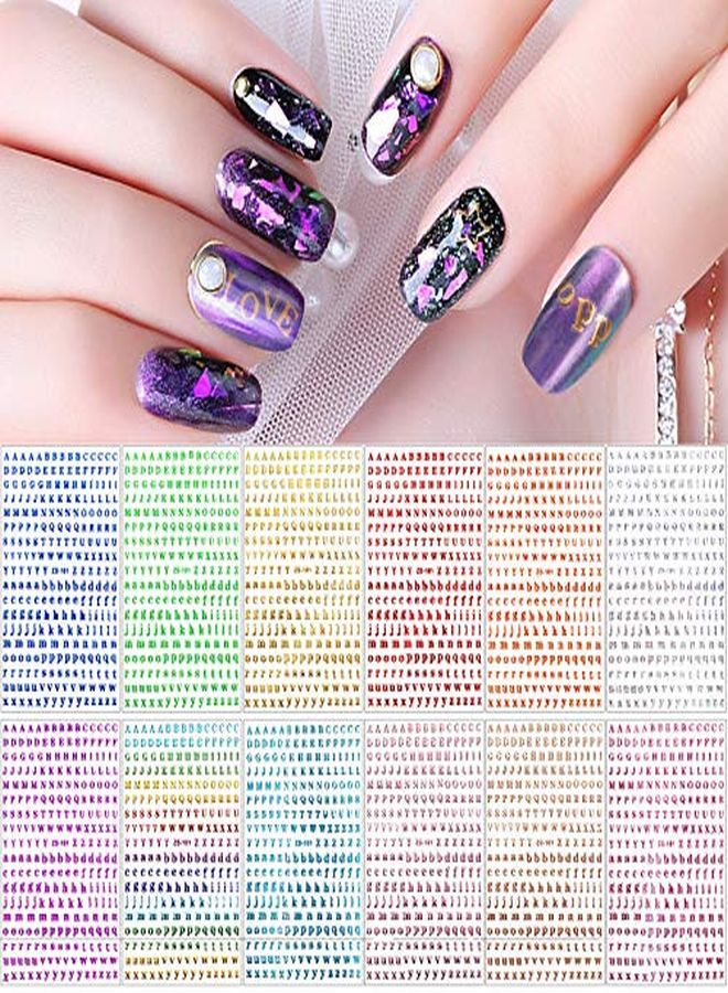 12 Sheets Letters Nail Stickers Alphabet Nail Stickers Holographic Small Tiny Letter Nail Stickers 3D Colors Laser Letter Selfadhesive Nail Decals For Nail Art Decor