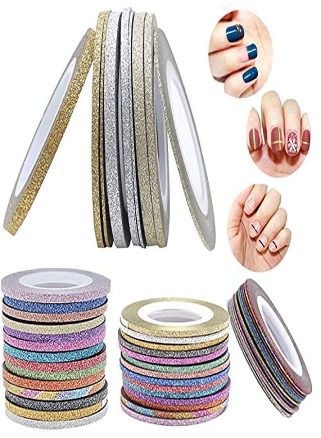 Nail Art Striping Tape Lines 36Pcs Nail Tape Stickers Stripe Decals Glitter Nail Adhesive Nail Decoration Set Gold Silver