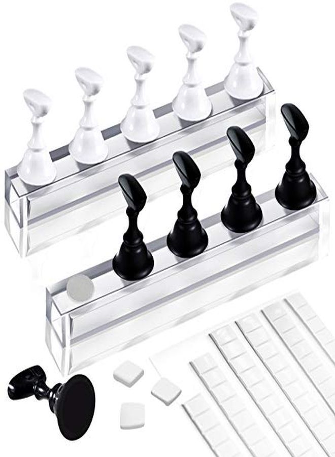 2 Sets Acrylic Nail Art Holder Practice Display Stand With 102Pcs White Reusable Adhesive Putty, Magnetic Nail Art Tips Holders Training Diy Display Practice Stands(Black And White)