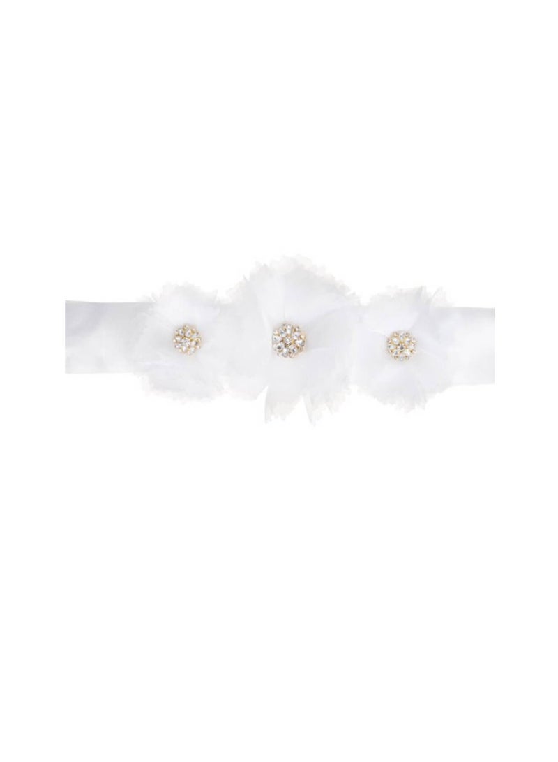 Wedding Dress Belts White Satin Sash w/Flower Embellishments