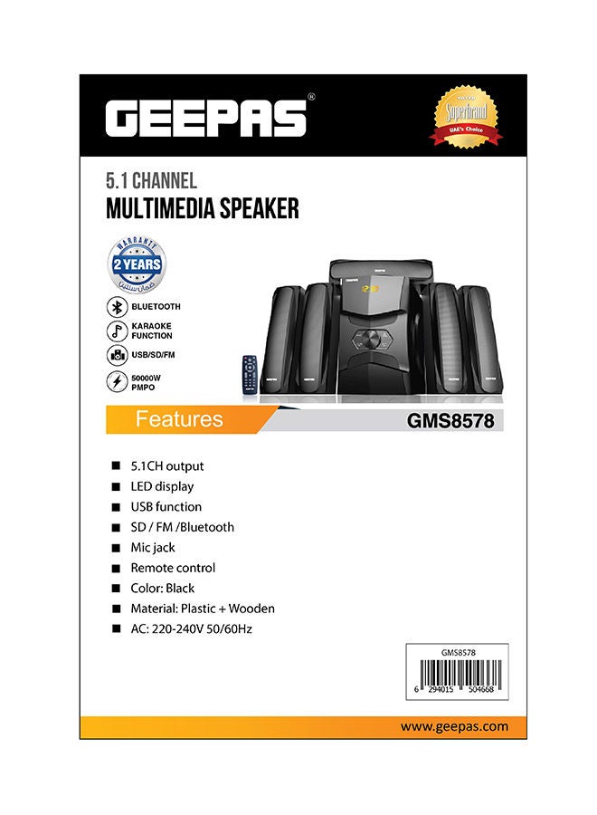 5.1 Channel Multimedia Speaker System With Remote Control- FM Radio, Bluetooth, USB Input, SD Card Reader, Karaoke Function| LED Display, 50000W PMPO Speaker Unit| 2 Years Warranty GMS8578 Black GMS8578 Black