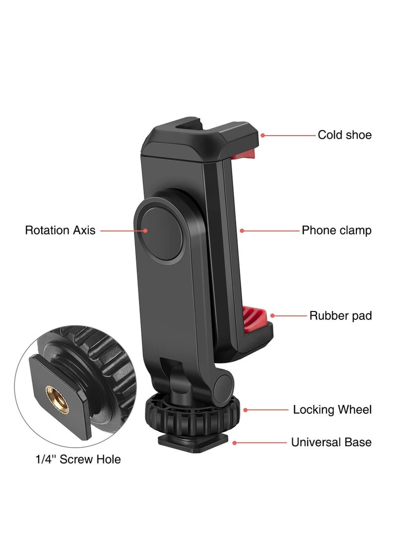 Cell Phone Tripod Mount Adapter Holder with 2 Cold Shoe Camera Hot 360 Adjustable Rubber Pad Clip for iPhone Samsung Video Live Streaming Vlogging Rig