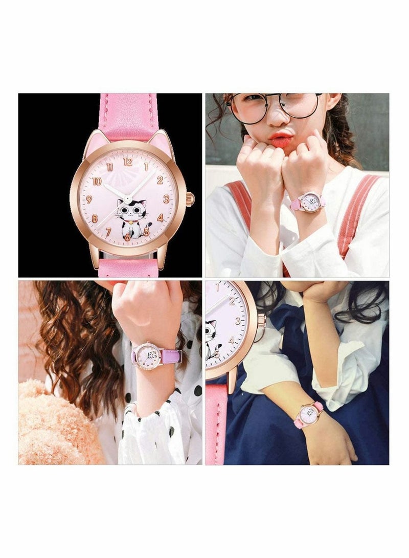 Kids Watches, Children Cartoon Watches Luminous Quartz Cute Cat Pattern Casual Leather for Ladies Fashion Women Gift