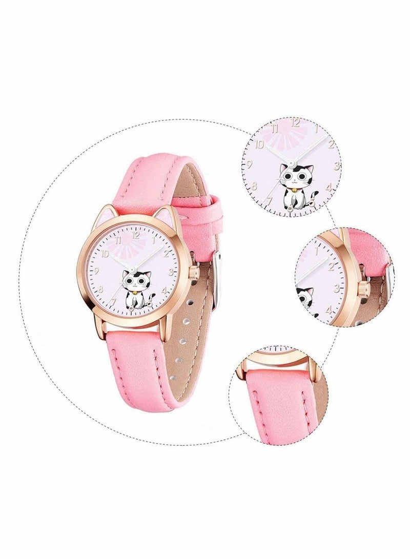 Kids Watches, Children Cartoon Watches Luminous Quartz Cute Cat Pattern Casual Leather for Ladies Fashion Women Gift