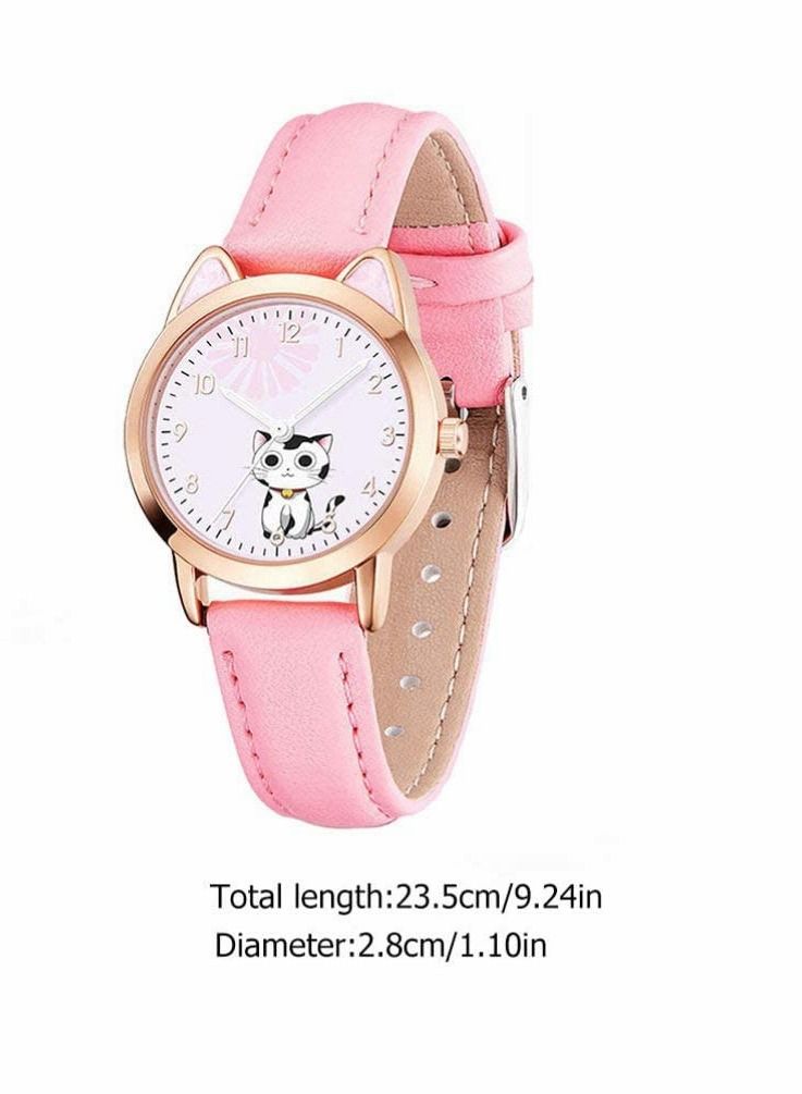 Kids Watches, Children Cartoon Watches Luminous Quartz Cute Cat Pattern Casual Leather for Ladies Fashion Women Gift