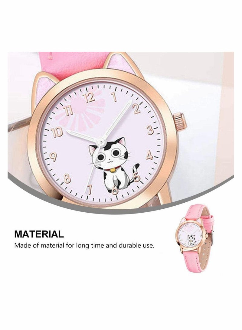 Kids Watches, Children Cartoon Watches Luminous Quartz Cute Cat Pattern Casual Leather for Ladies Fashion Women Gift