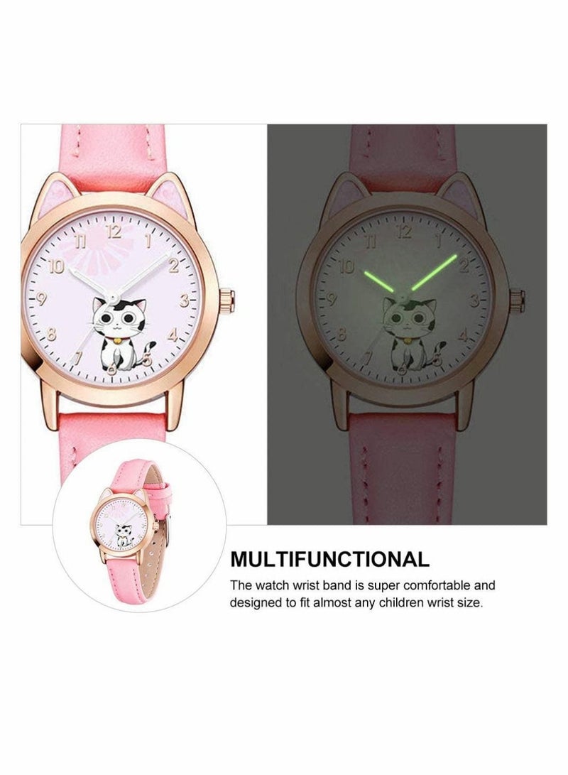 Kids Watches, Children Cartoon Watches Luminous Quartz Cute Cat Pattern Casual Leather for Ladies Fashion Women Gift