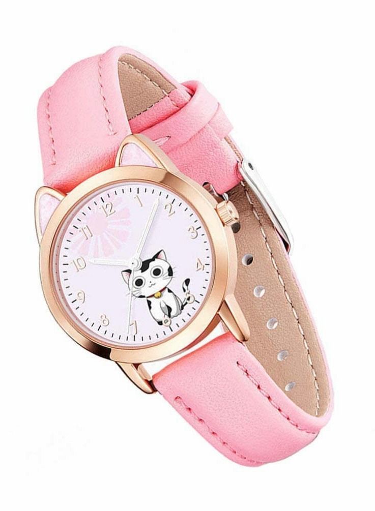 Kids Watches, Children Cartoon Watches Luminous Quartz Cute Cat Pattern Casual Leather for Ladies Fashion Women Gift