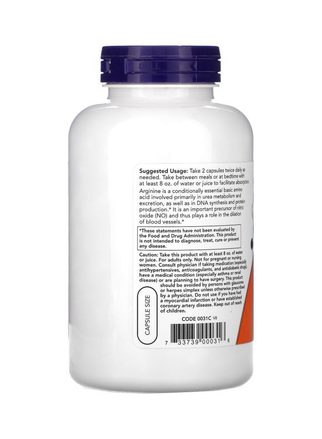 L-Arginine Amino Acid Dietary Supplement 500mg - 250 Capsules