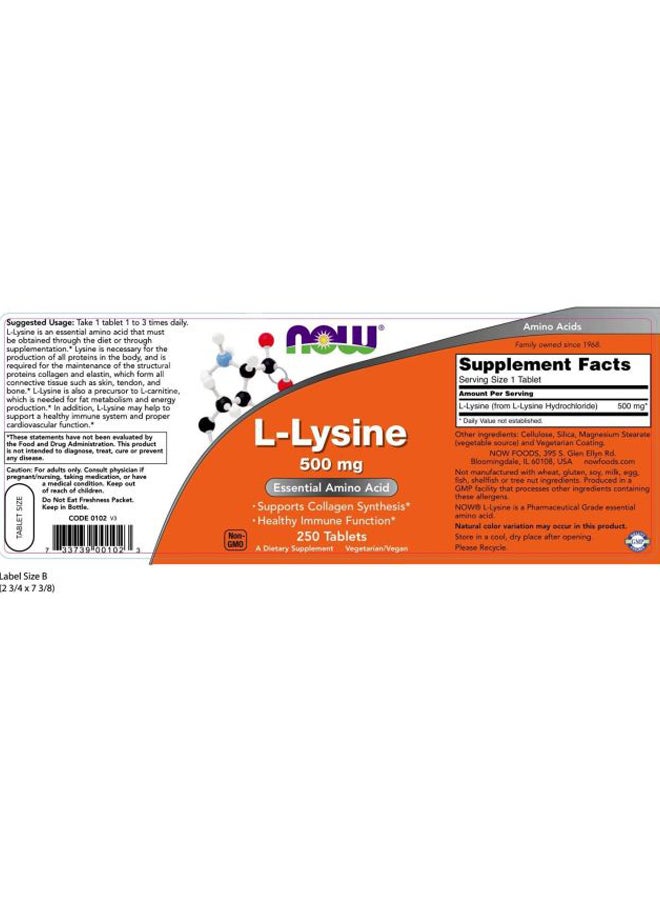 L-Lysine Amino Acid Supplement - 250 Tablets
