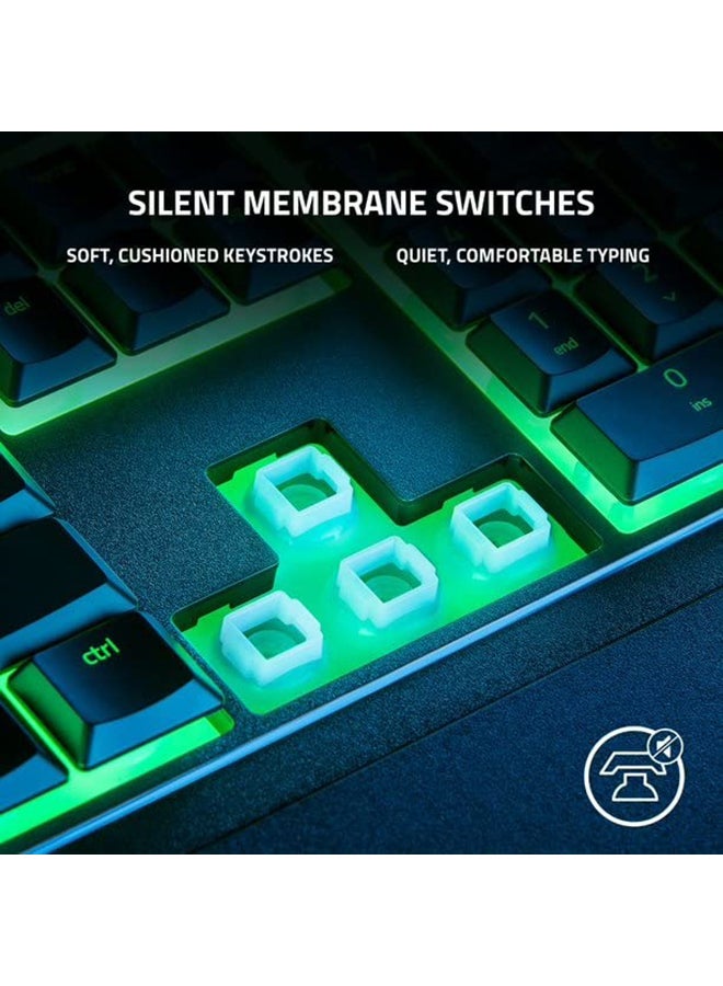Ornata V3 X Low Profile Mecha-Membrane Wired Keyboard, UV Coated Keycaps, Single Zone RGB Lighting, 1000 Hz Ultrapolling, Wrist Rest, Silent Switch, US English Layout, Black | RZ03-04470100-R3M1