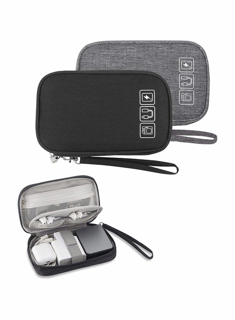 Small Electronic Organizer Cable Bag, Travel Portable 2 PCS Accessories Storage Bag Soft Carrying Case Pouch for Hard Drive, Cord, Charger, Earphone, USB, SD Card (Black+Gray)