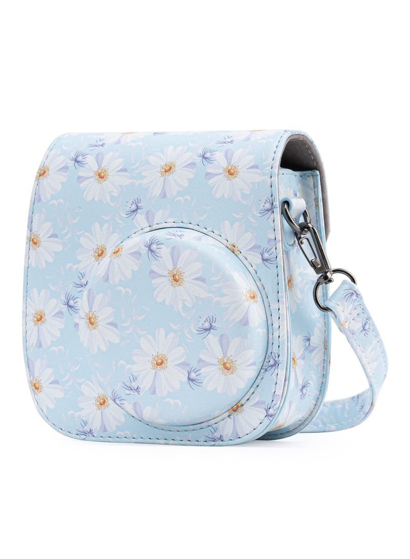 Protective & Portable Case Compatible with fujifilm instax Mini 11/ 9/ 8/ 8+ Instant Film Camera Accessory Pocket and Adjustable Strap (Flowers Light Blue)