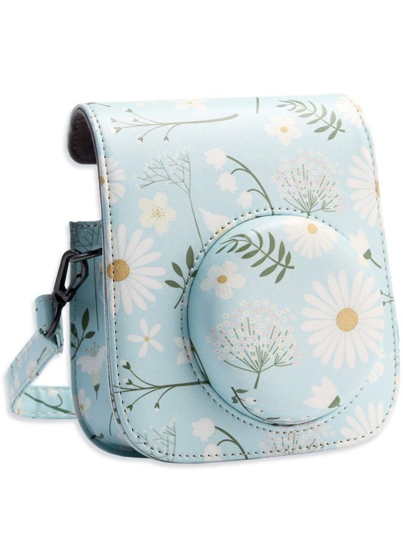 Camera Bag Protection Vintage Floral PU Leather Storage with Shoulder Strap for Instax Mini 11 Fresh Green Small Daisy