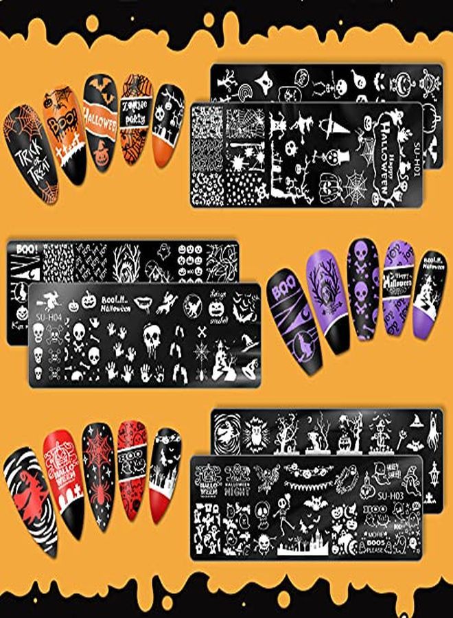 Halloween Nail Stamper Set 6Pcs Nail Art Plates 2 Box Nail Art Glitters Pumpkin Bat Ghost Spider Witch Owl Stamping Templates Gold Black Manicure Sequins For  Nail Salon Decoration