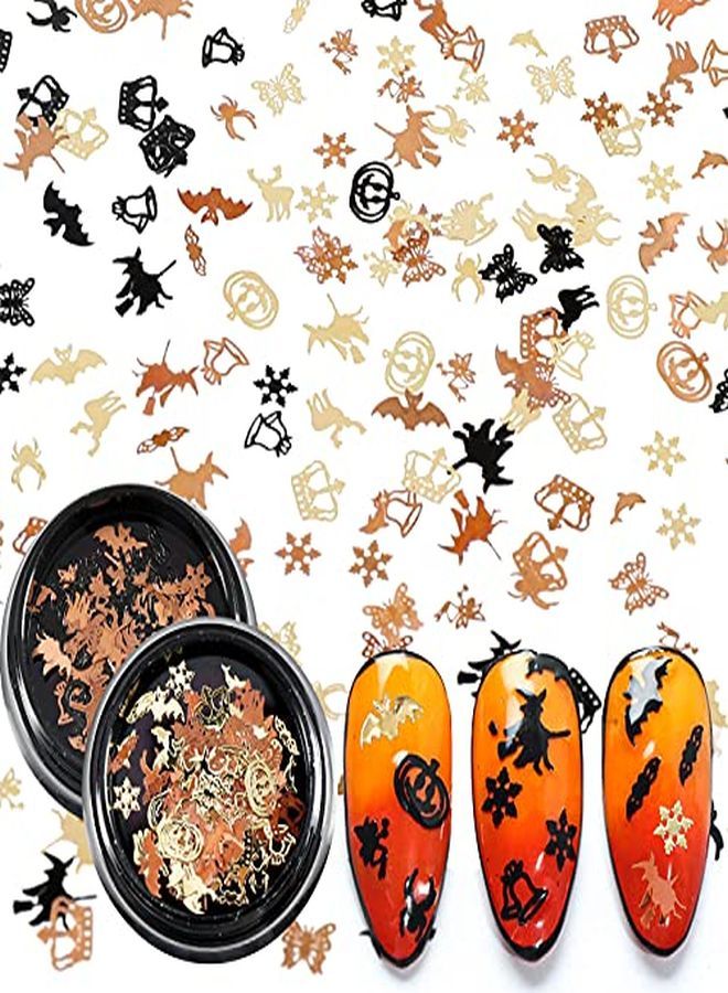 Halloween Nail Stamper Set 6Pcs Nail Art Plates 2 Box Nail Art Glitters Pumpkin Bat Ghost Spider Witch Owl Stamping Templates Gold Black Manicure Sequins For  Nail Salon Decoration